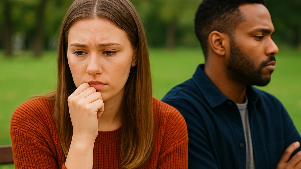 Young couple sitting on a bench in quiet conversation, both looking pensive and concerned