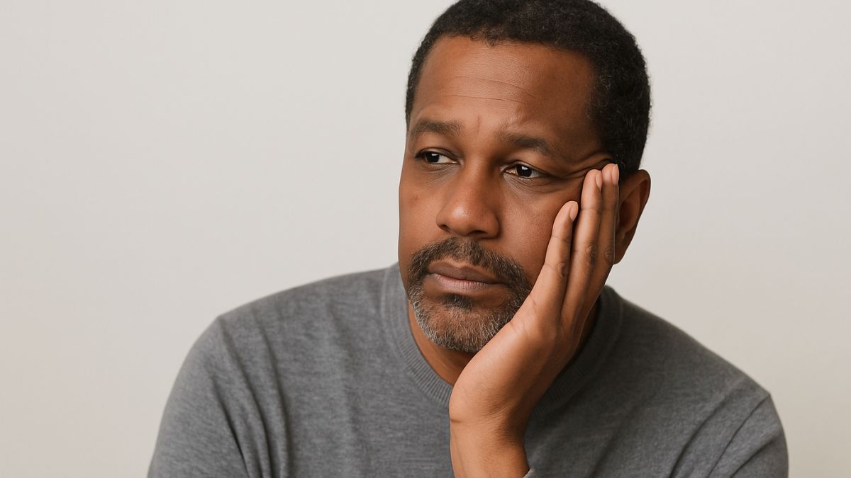 Middle-aged man in a gray sweater resting his head on his hand, looking reflective