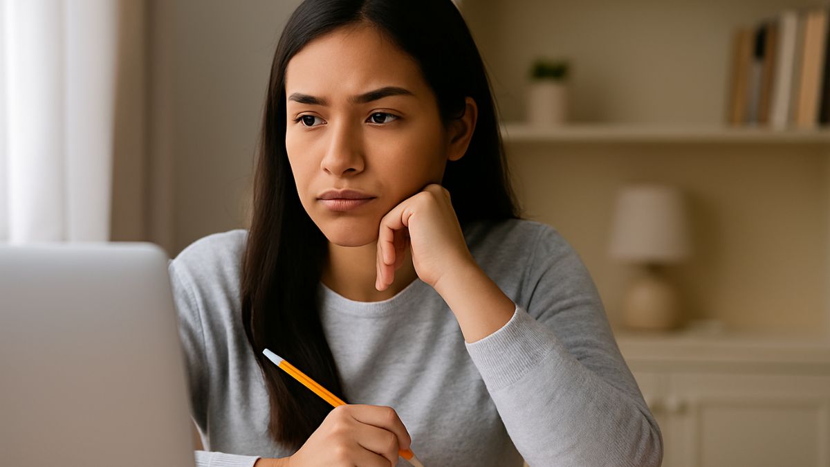 Young Latina woman sitting at a table, looking thoughtfully at her laptop while holding a pencil