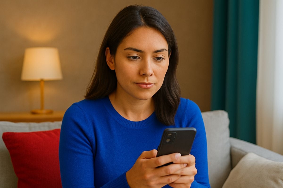 Herpes testing research on a smartphone in a private setting Young Latina woman looking at her phone with a calm, focused expression